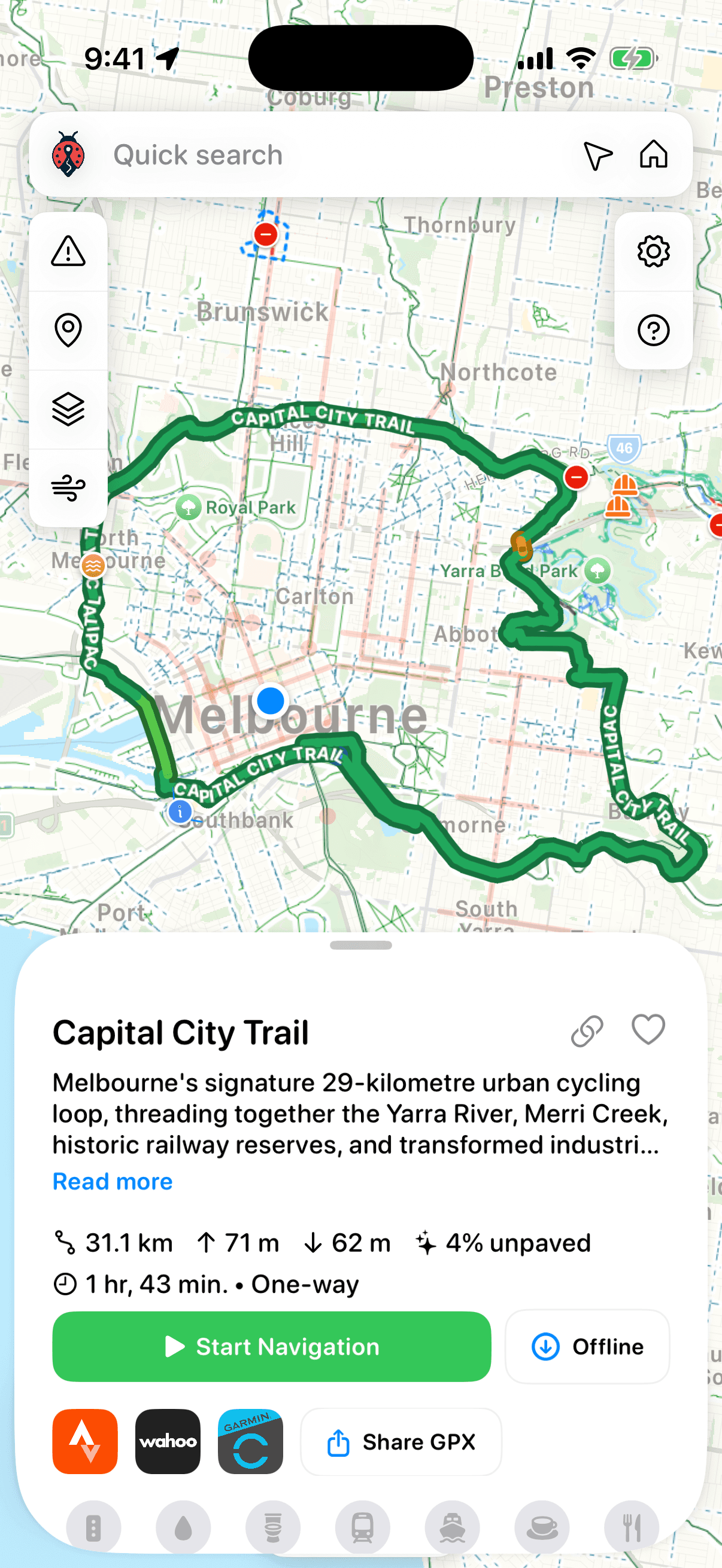 Capital City Trail on iPhone with trail names on the route, navigation and sharing options