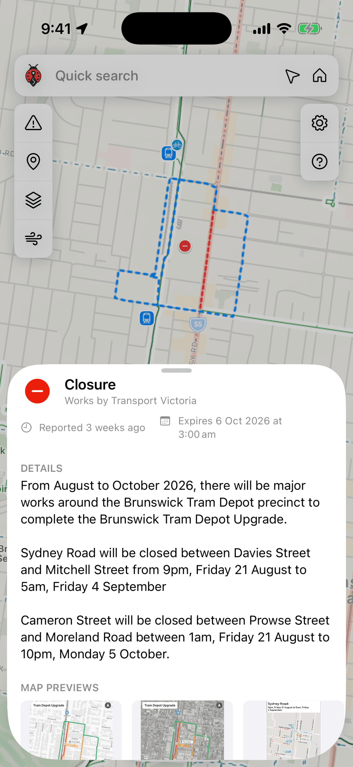 AusBUG iPhone app showing a Transport Victoria closure and detour map