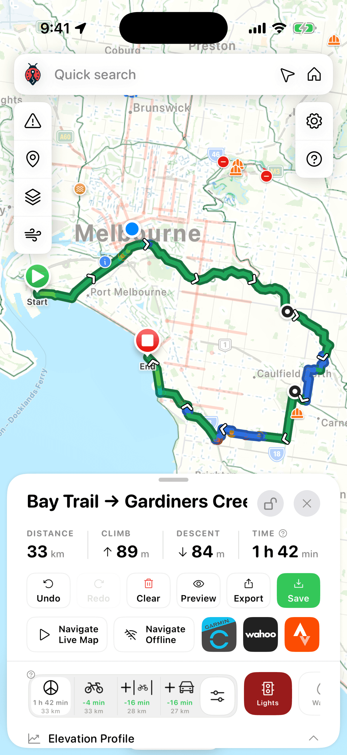 AusBUG iPhone planner showing a Bay Trail to Gardiners Creek route, traffic-stress colours and export options