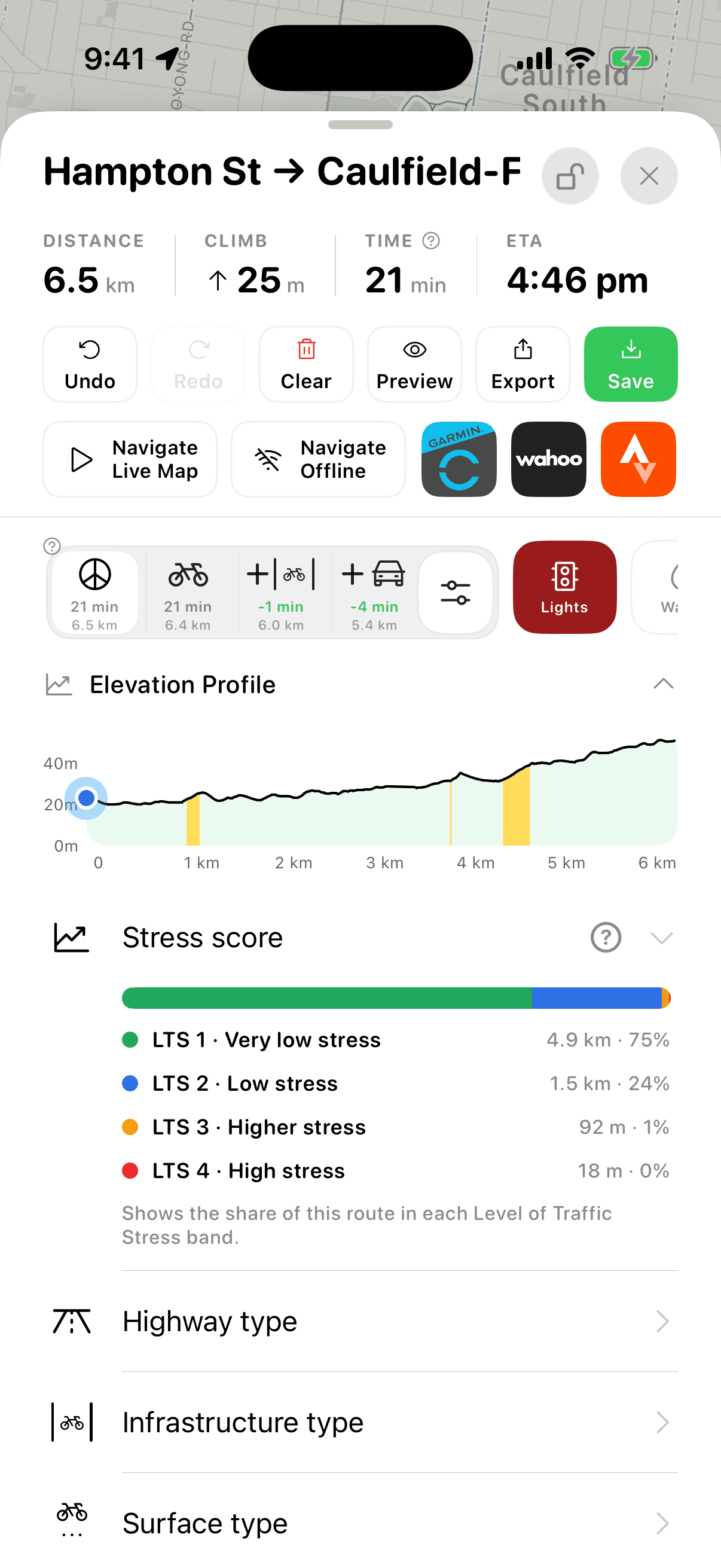 AusBUG iPhone route sheet showing distances and percentages for each traffic-stress level