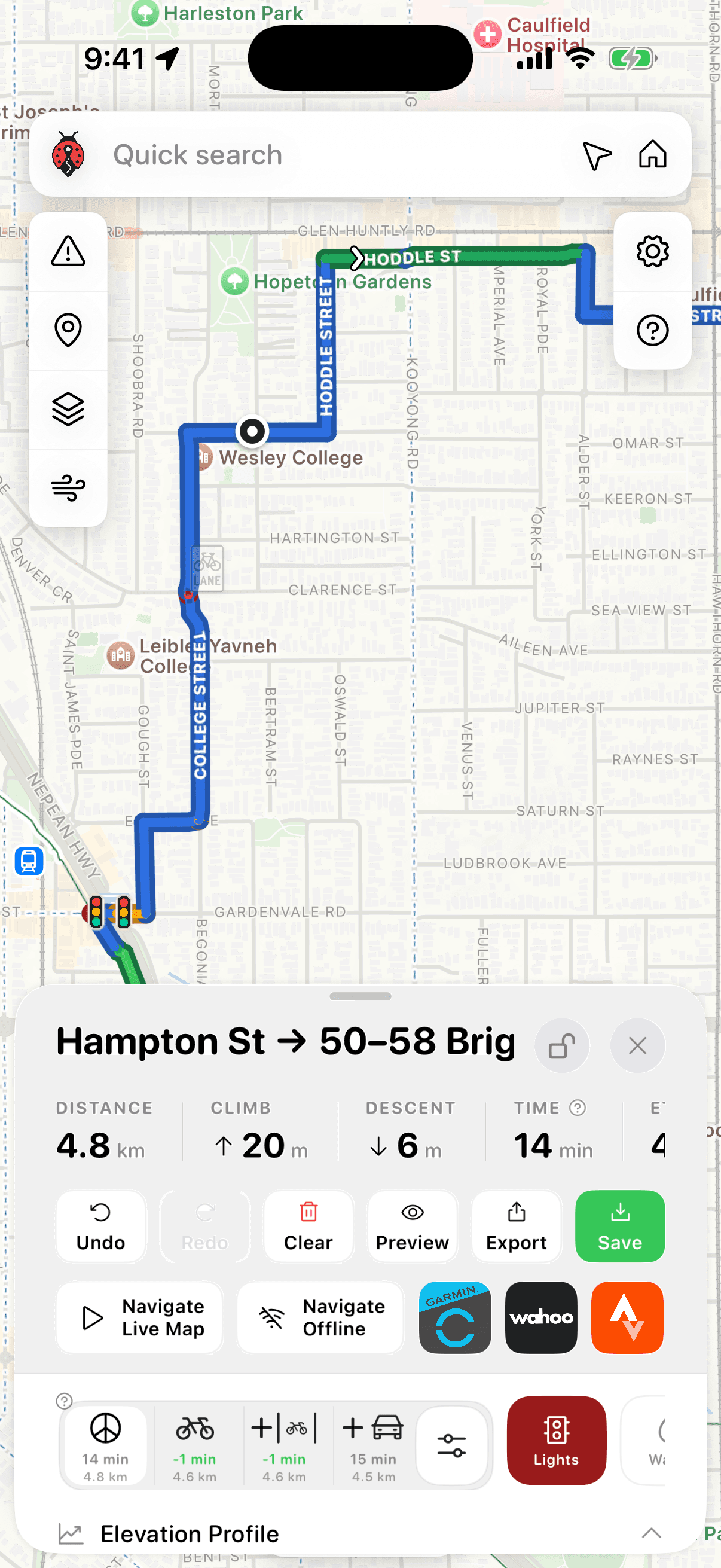 AusBUG iPhone map showing traffic-stress colours along Hoddle Street and College Street