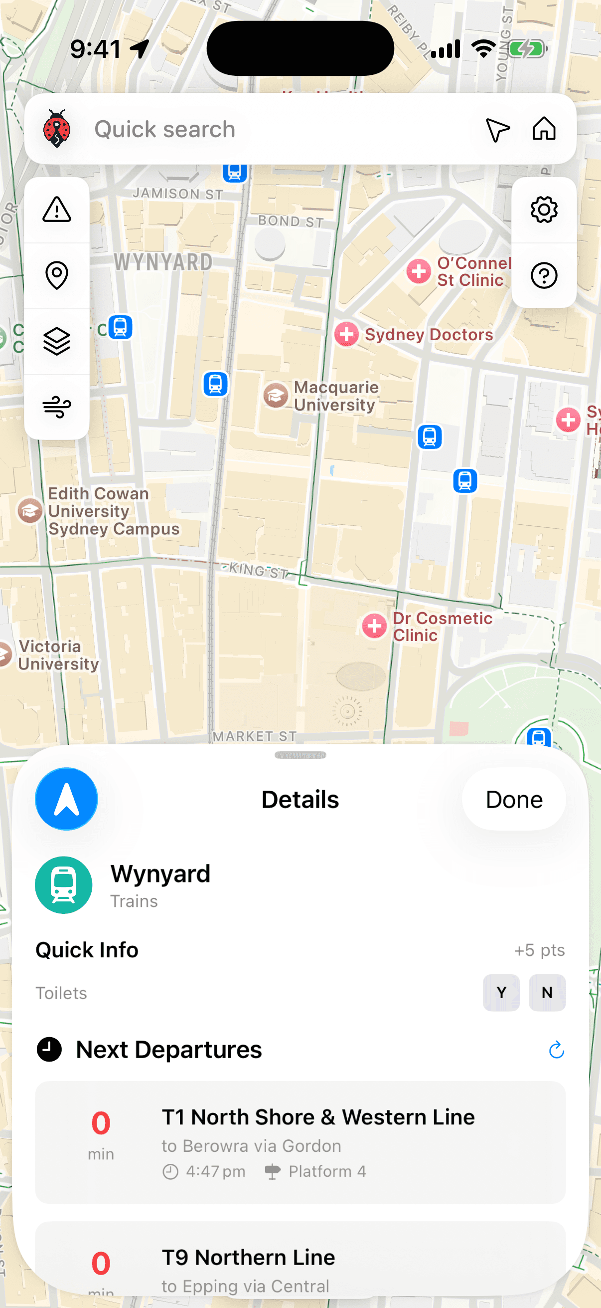 AusBUG iPhone app showing Wynyard station and upcoming train departures