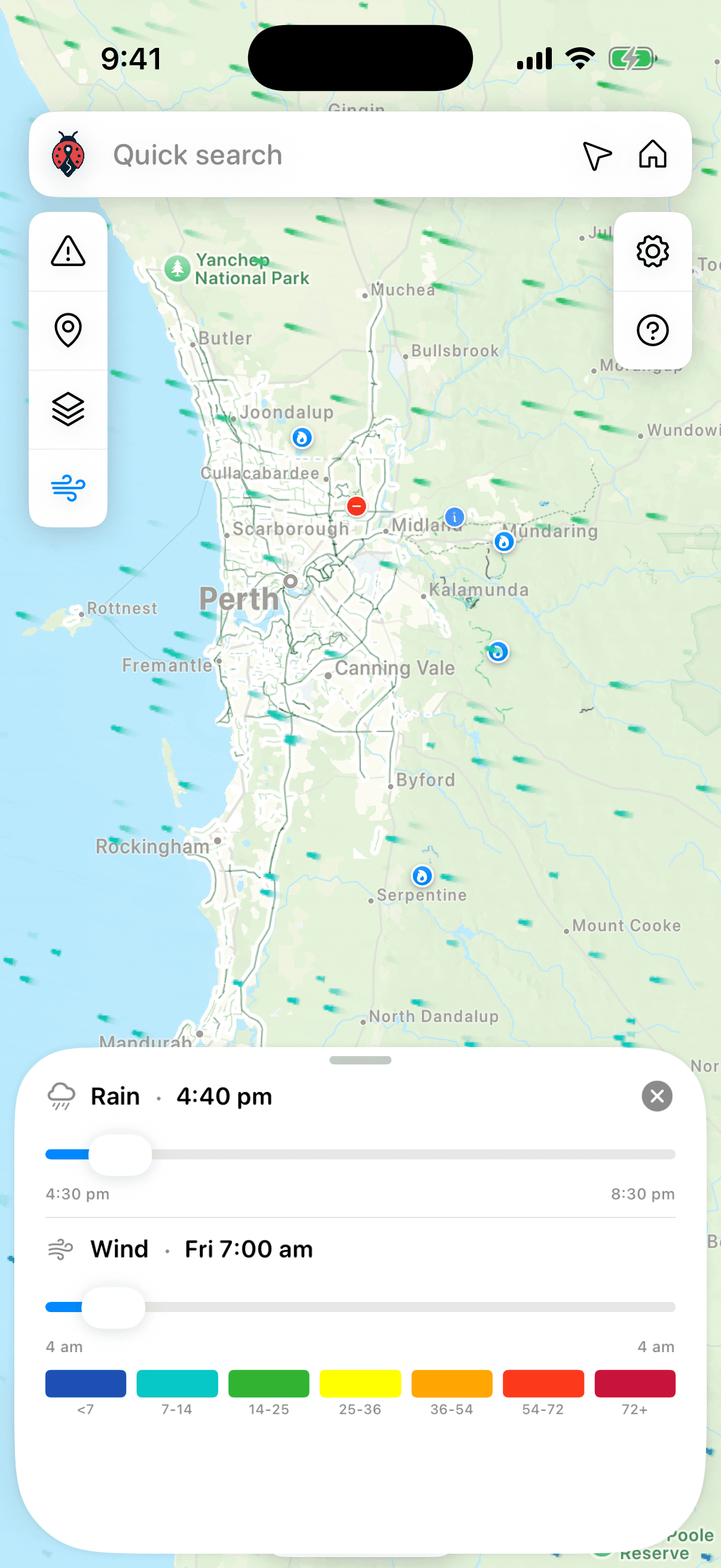 AusBUG iPhone app showing rain and wind forecasts around Perth